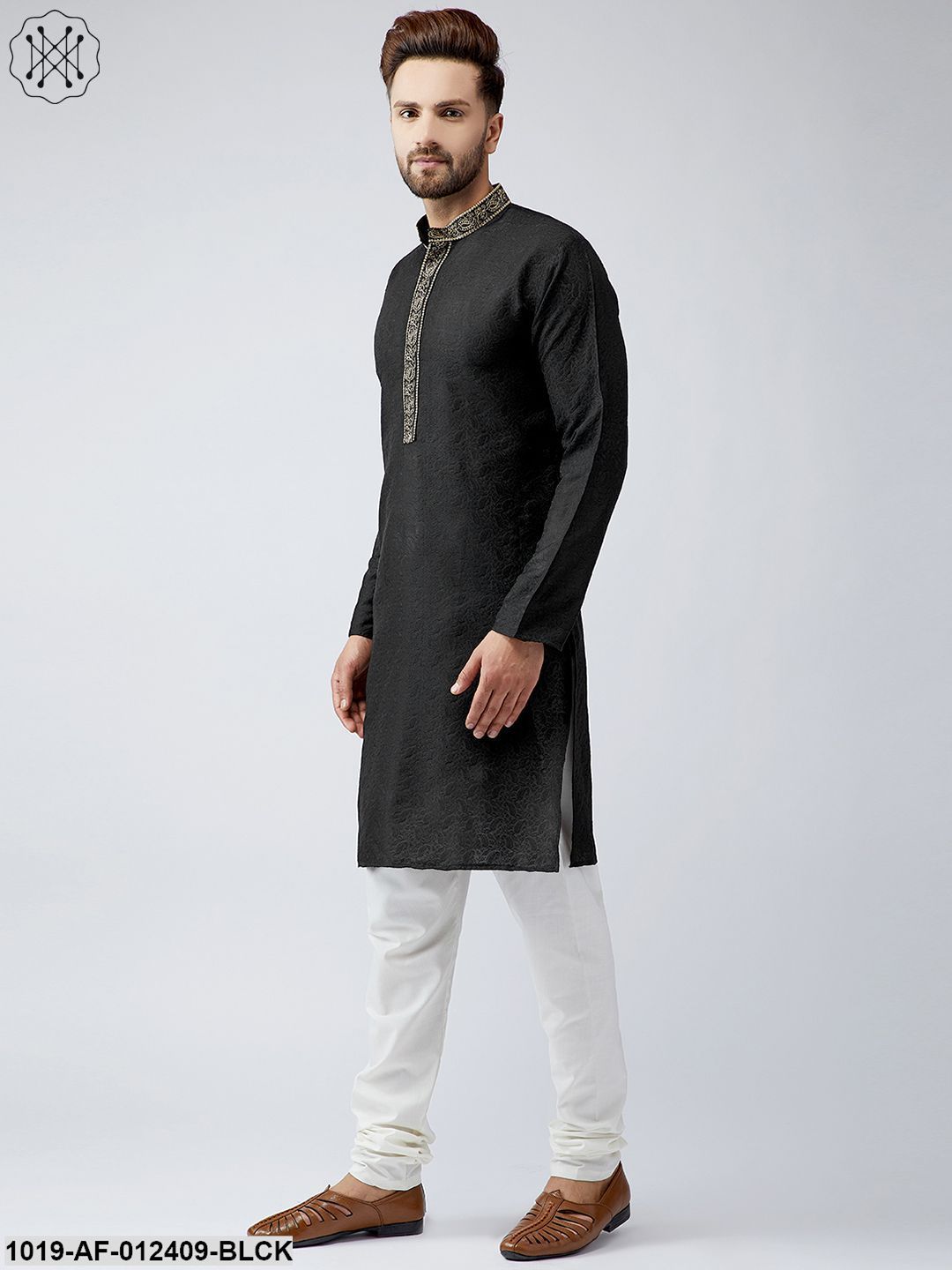 Men's Silk Black Kurta And Off White Churidar Pyjama Set - Sojanya
