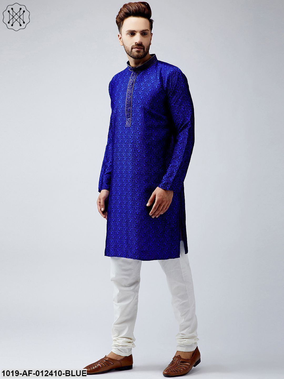 Men's Silk Royal Blue Kurta And Off White Churidar Pyjama Set - Sojanya