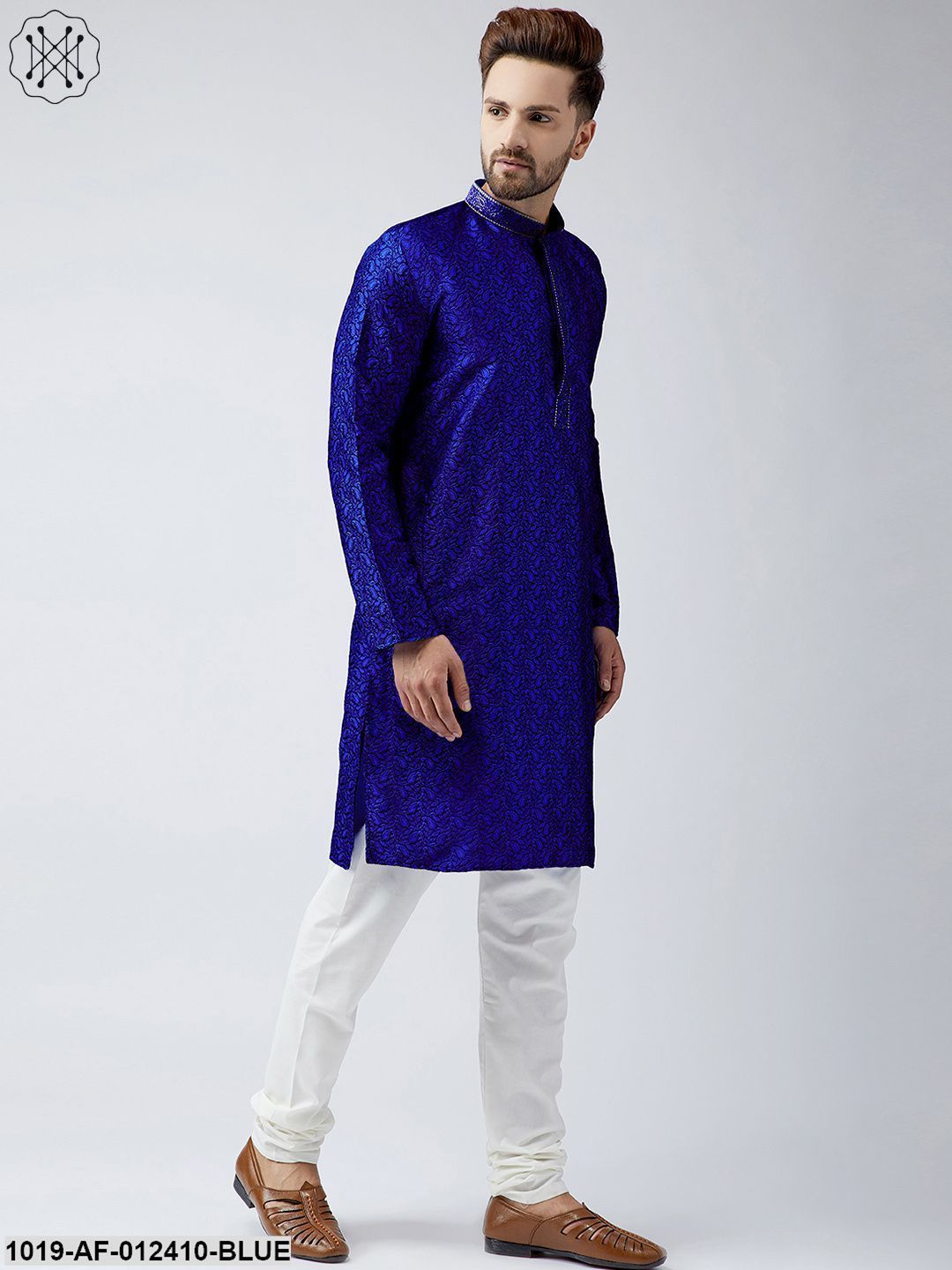 Men's Silk Royal Blue Kurta And Off White Churidar Pyjama Set - Sojanya