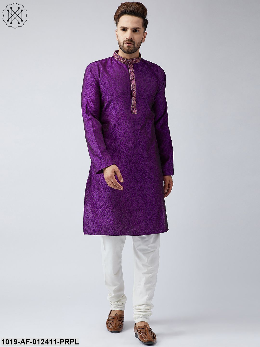 Men's Silk Purple Kurta And Off White Churidar Pyjama Set - Sojanya