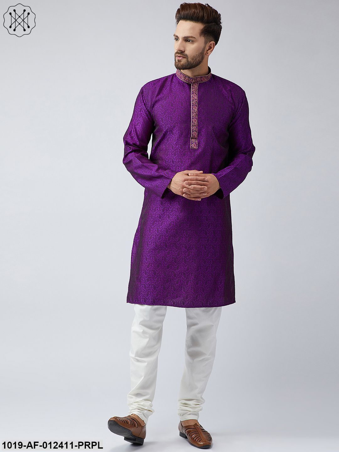 Men's Silk Purple Kurta And Off White Churidar Pyjama Set - Sojanya