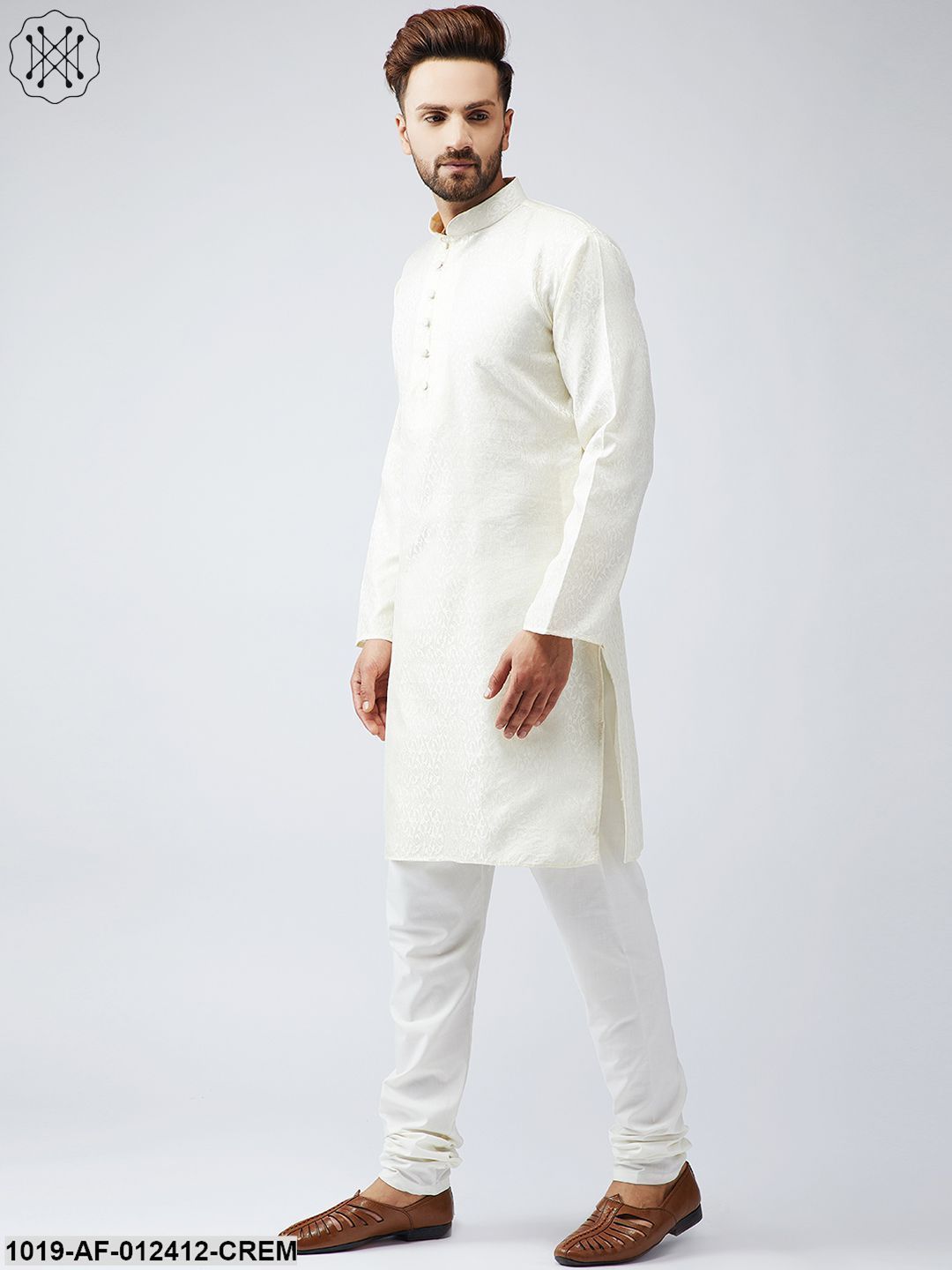Men's Silk Cream Kurta And Off White Churidar Pyjama Set - Sojanya