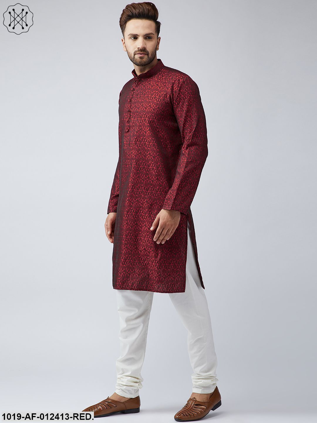 Men's Silk Red Kurta And Off White Churidar Pyjama Set - Sojanya