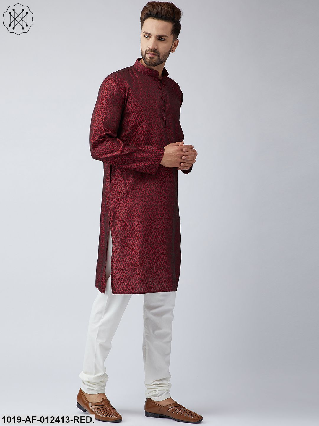 Men's Silk Red Kurta And Off White Churidar Pyjama Set - Sojanya