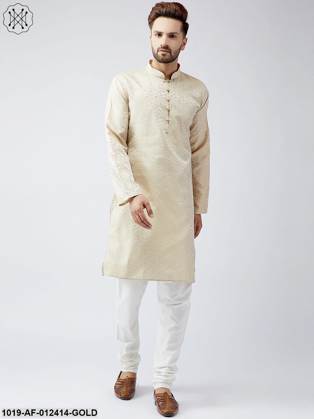 Men's Silk Gold Kurta And Off White Churidar Pyjama Set - Sojanya