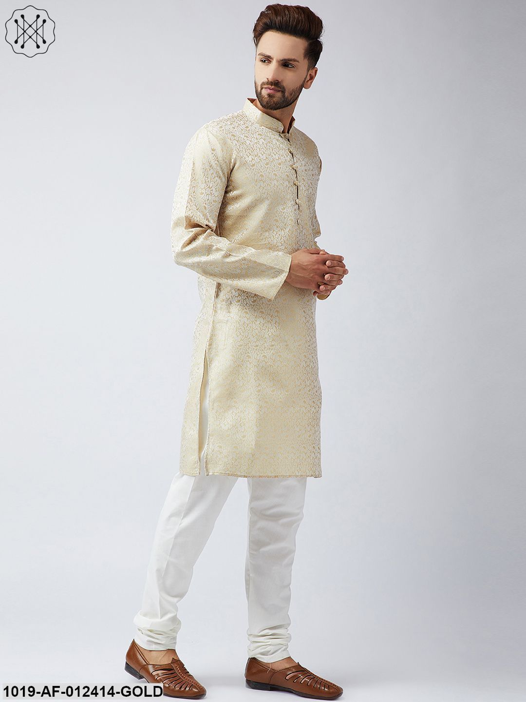 Men's Silk Gold Kurta And Off White Churidar Pyjama Set - Sojanya