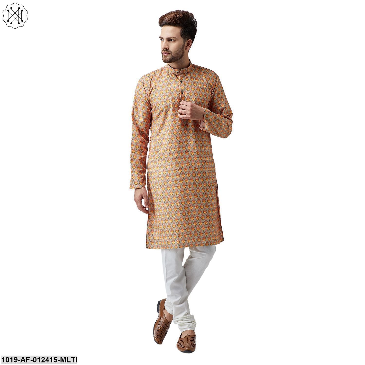 Men's Cotton Linen Multi Kurta And Off White Pyjama Set