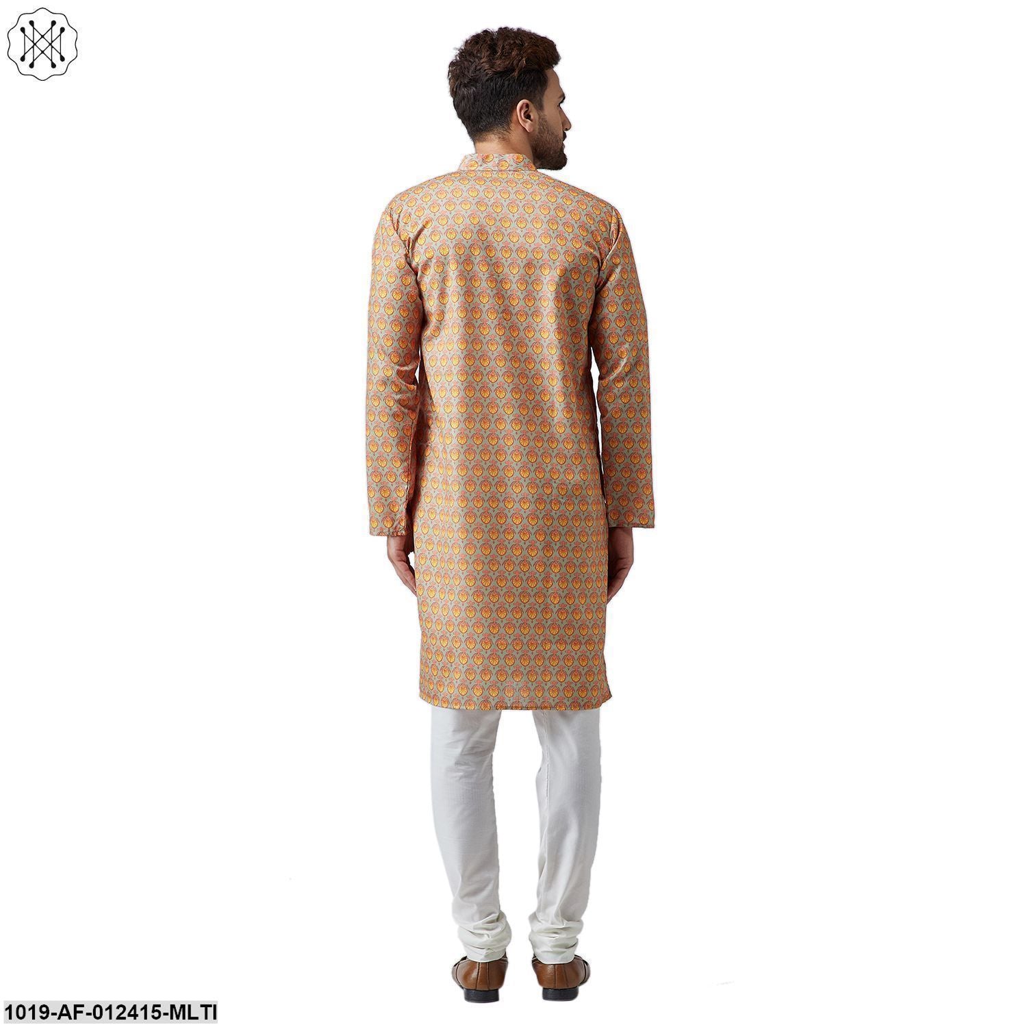Men's Cotton Linen Multi Kurta And Off White Pyjama Set
