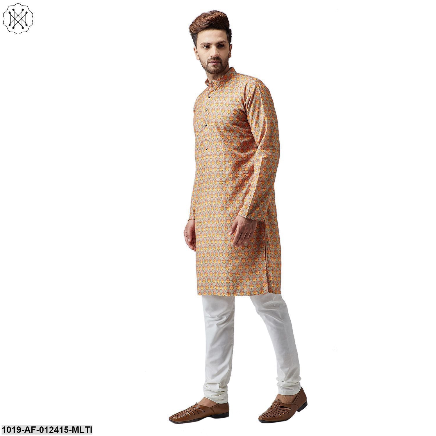 Men's Cotton Linen Multi Kurta And Off White Pyjama Set