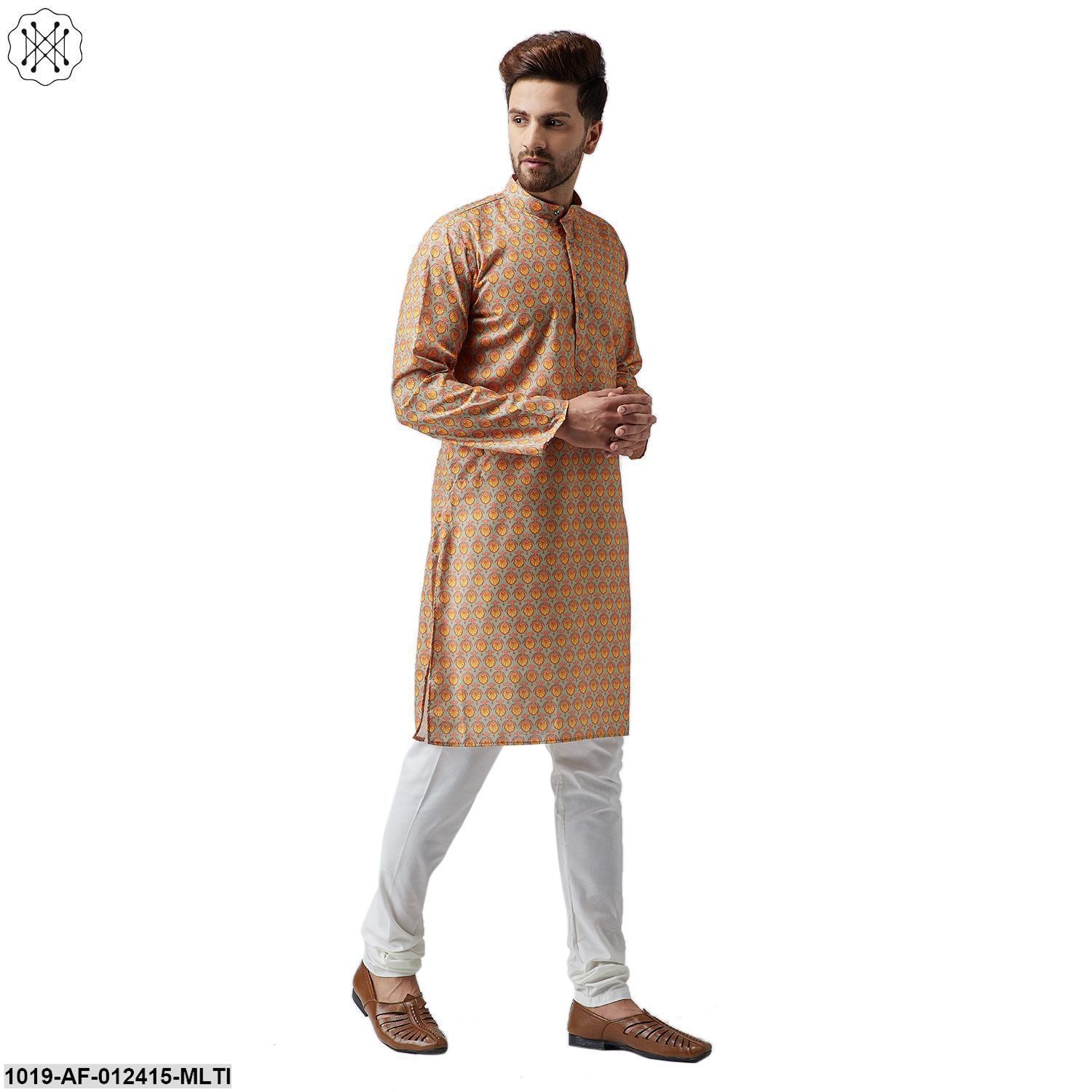 Men's Cotton Linen Multi Kurta And Off White Pyjama Set
