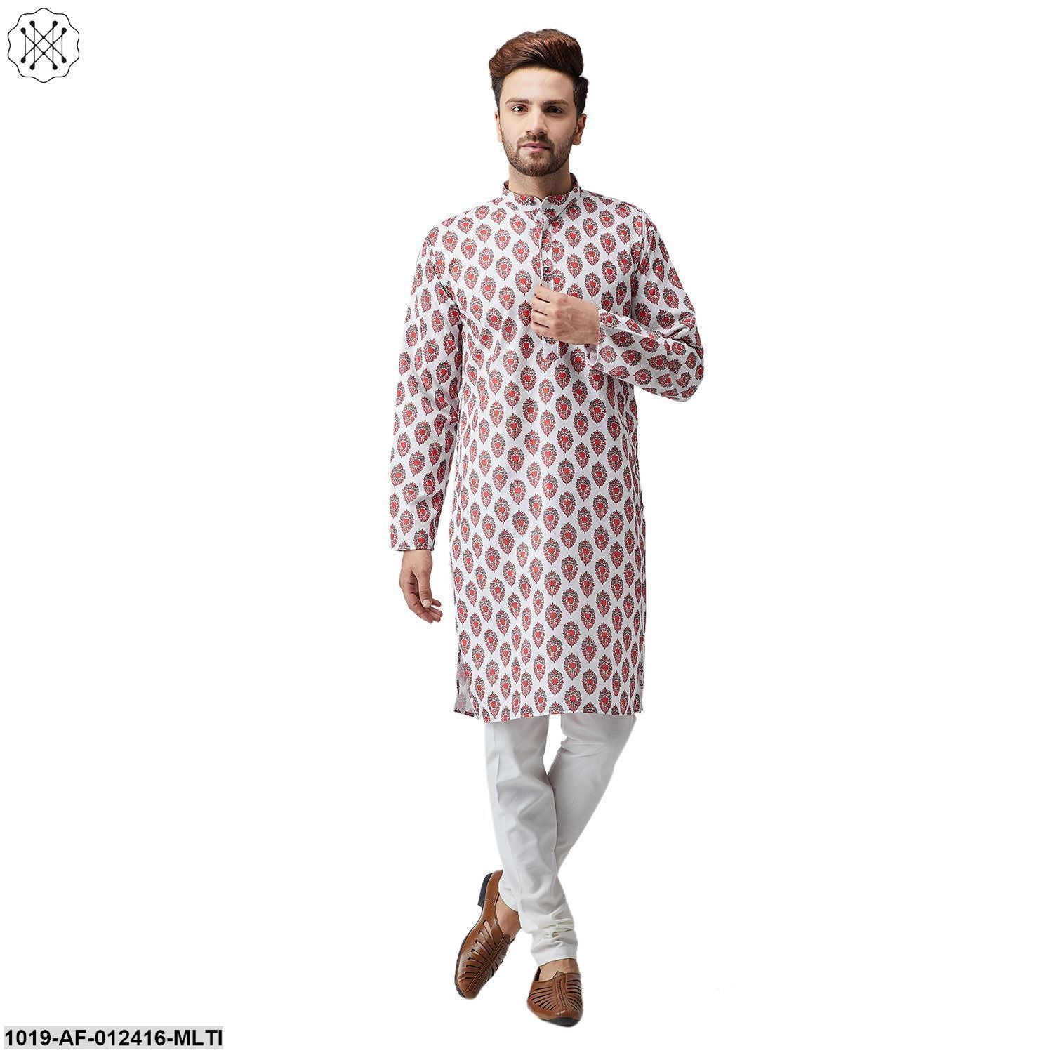 Men's Cotton Linen Multi Kurta And Off White Pyjama Set