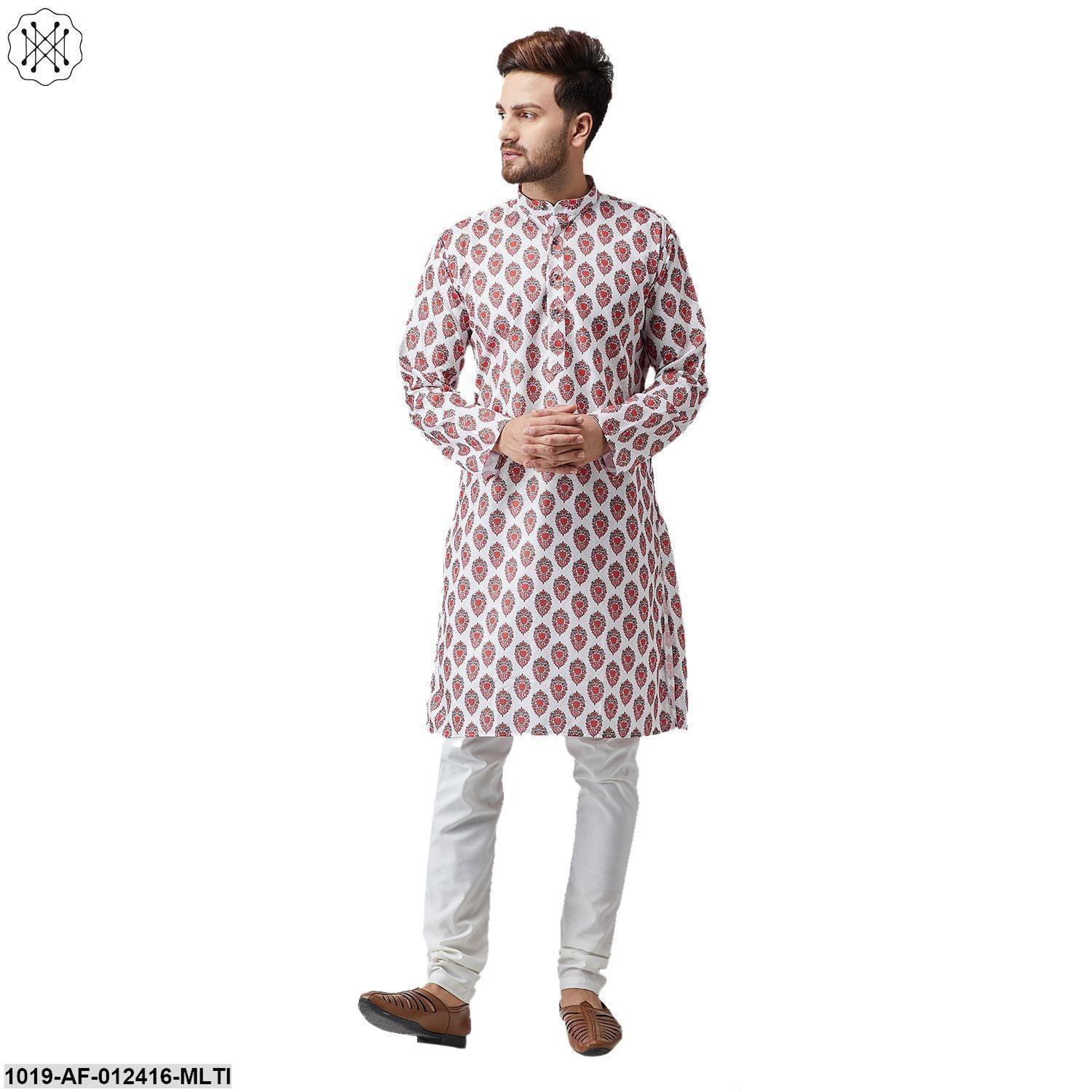 Men's Cotton Linen Multi Kurta And Off White Pyjama Set