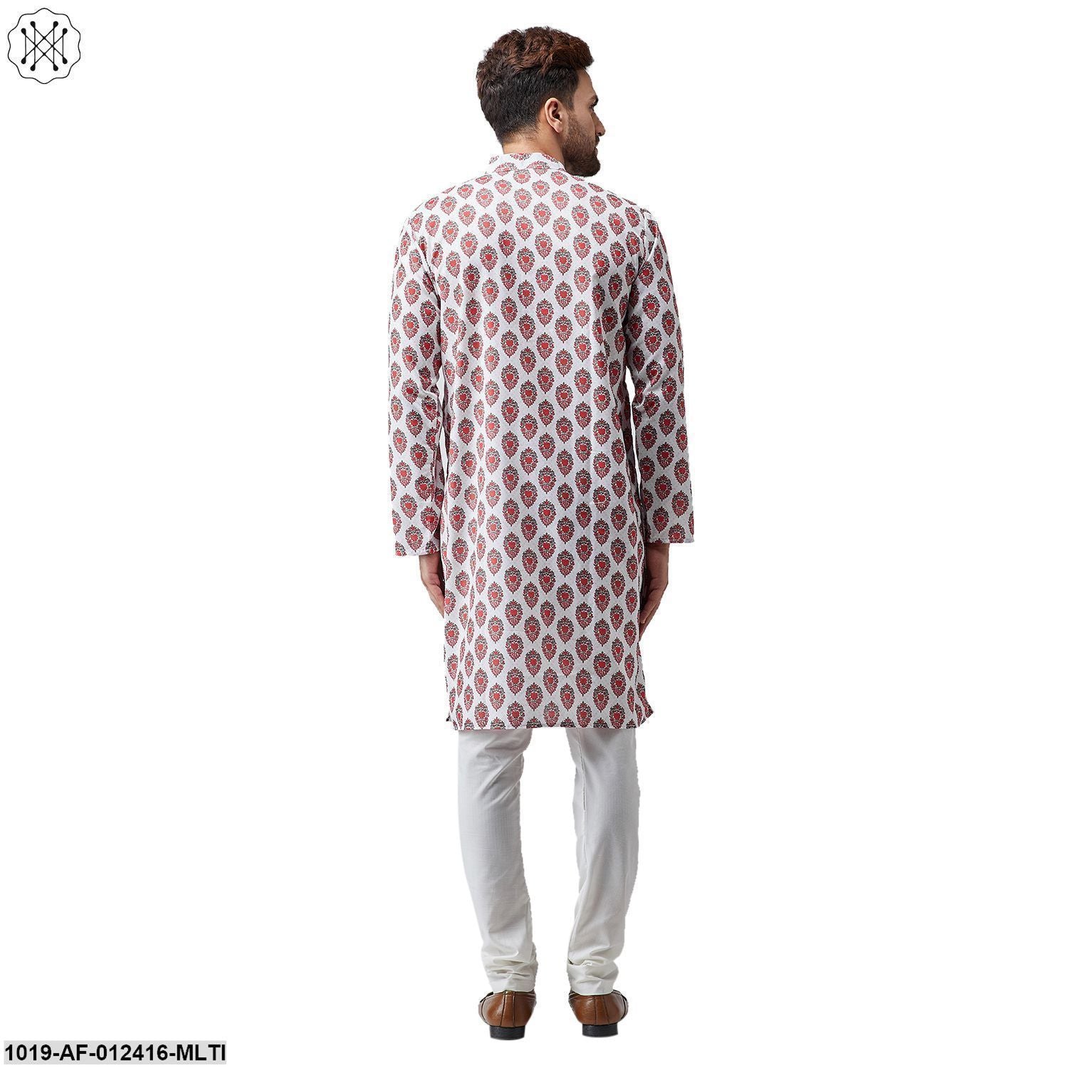 Men's Cotton Linen Multi Kurta And Off White Pyjama Set