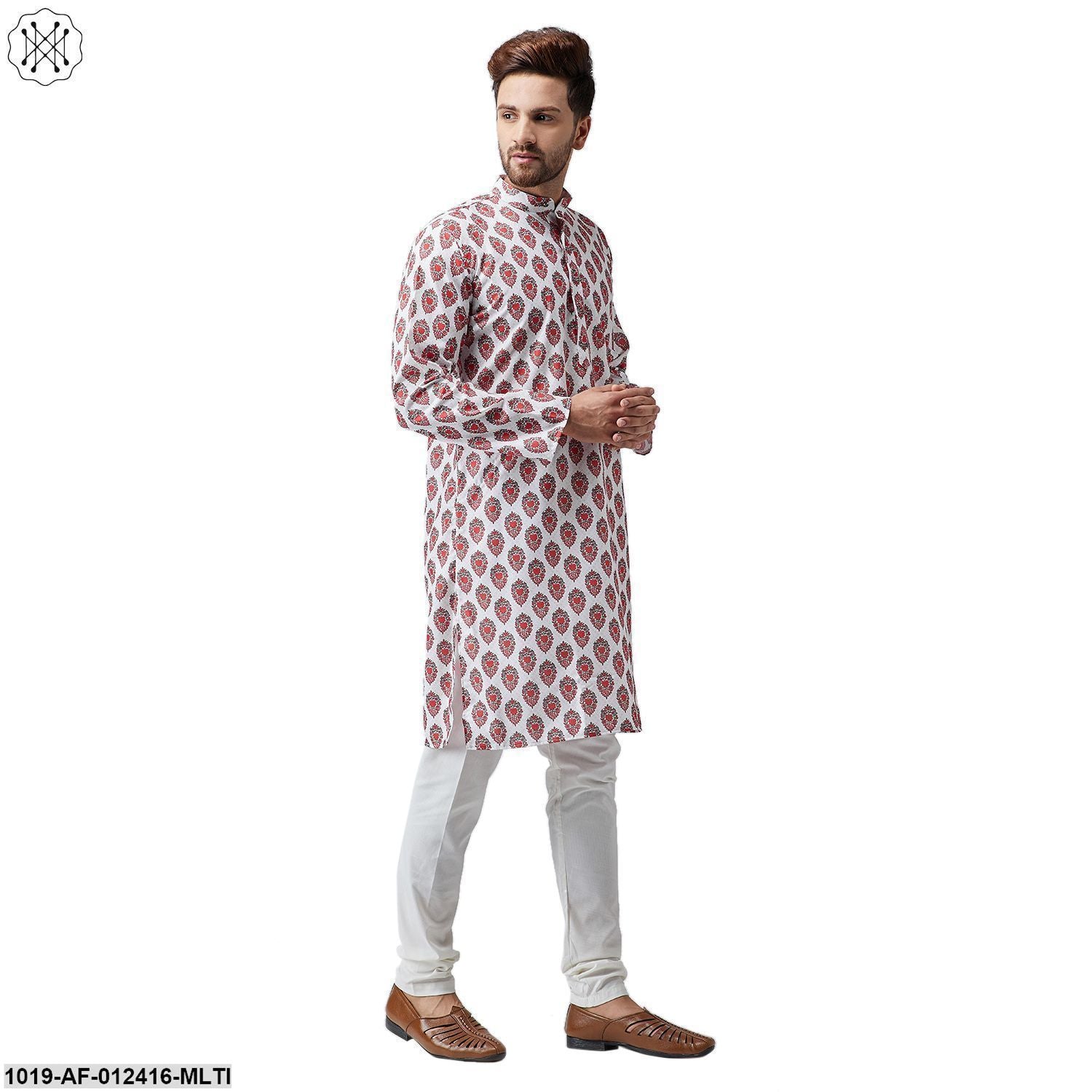 Men's Cotton Linen Multi Kurta And Off White Pyjama Set