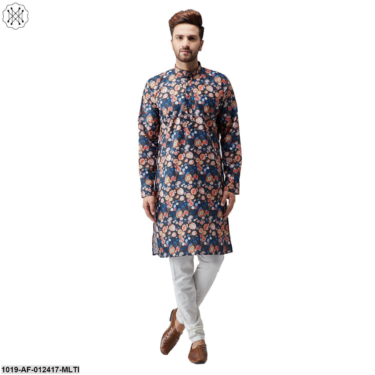 Men's Cotton Linen Multi Kurta And Off White Pyjama Set