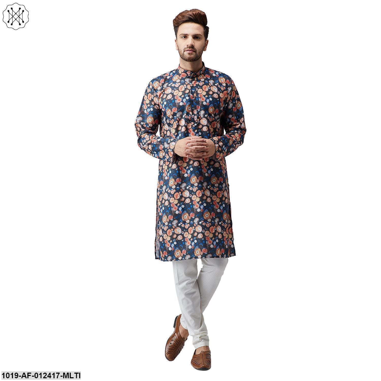 Men's Cotton Linen Multi Kurta And Off White Pyjama Set