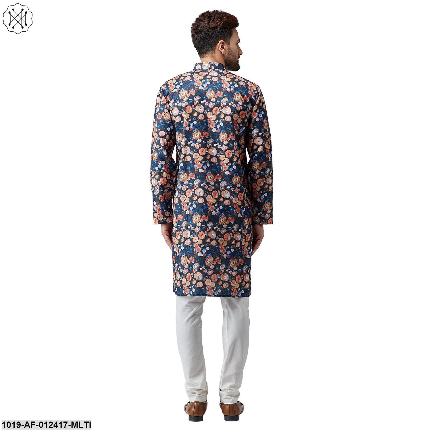 Men's Cotton Linen Multi Kurta And Off White Pyjama Set