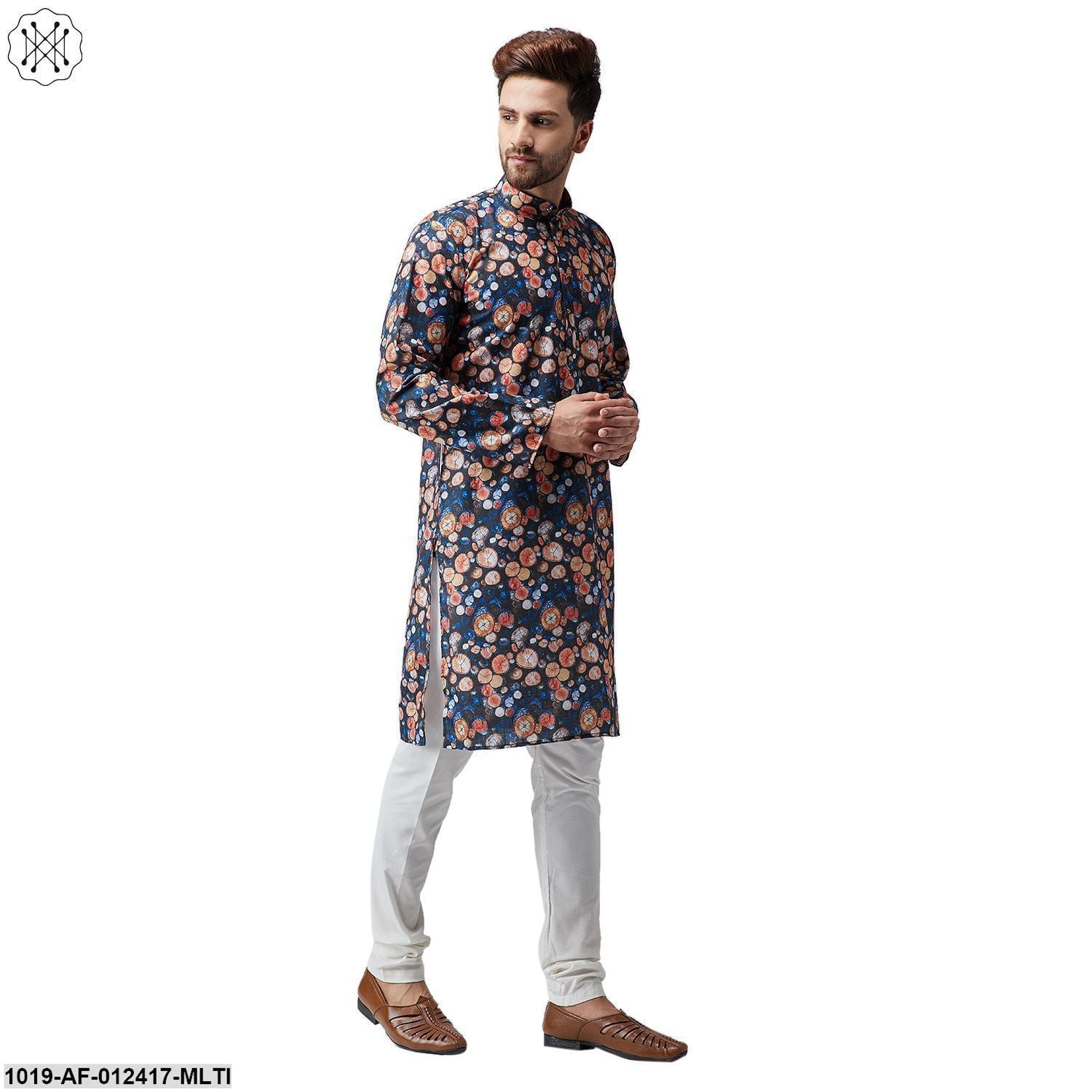 Men's Cotton Linen Multi Kurta And Off White Pyjama Set