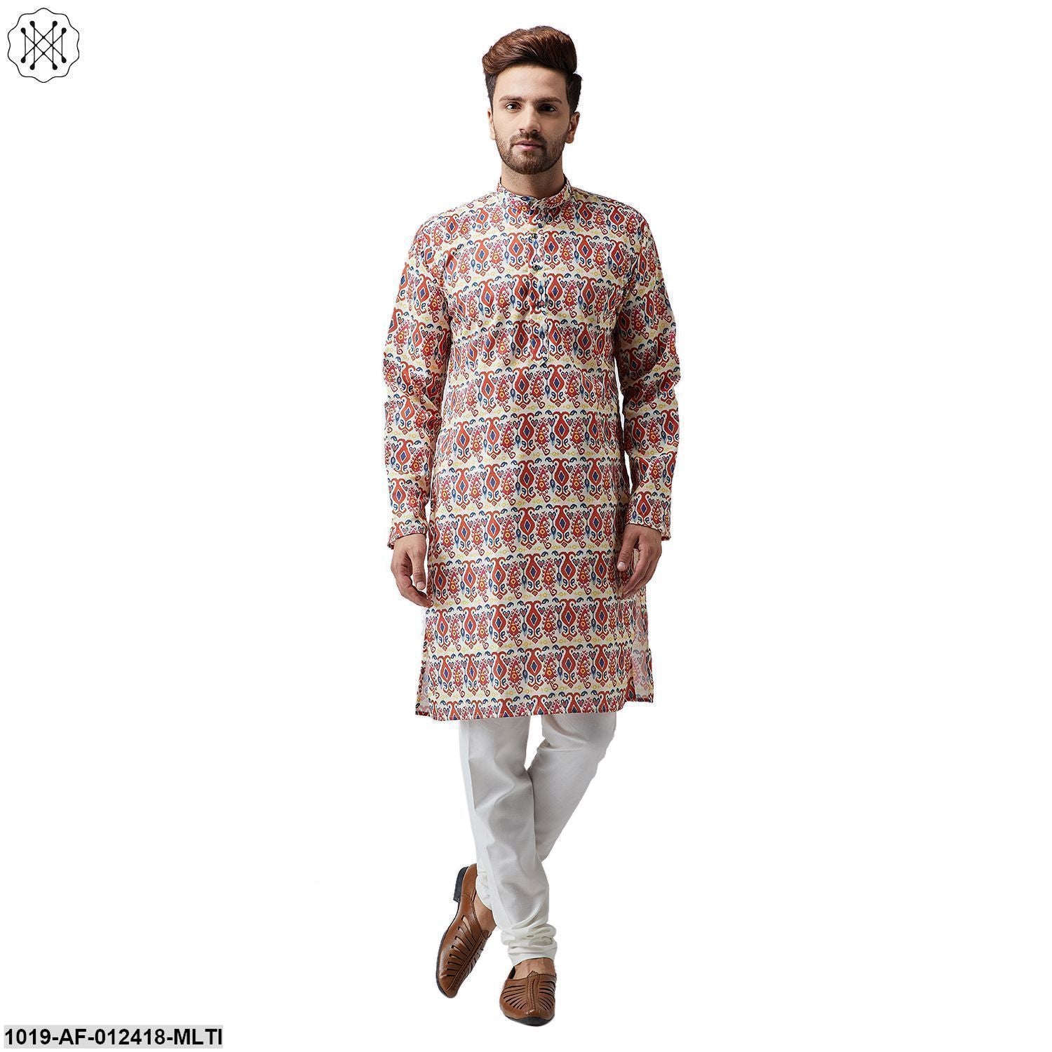 Men's Cotton Linen Multi Kurta And Off White Pyjama Set