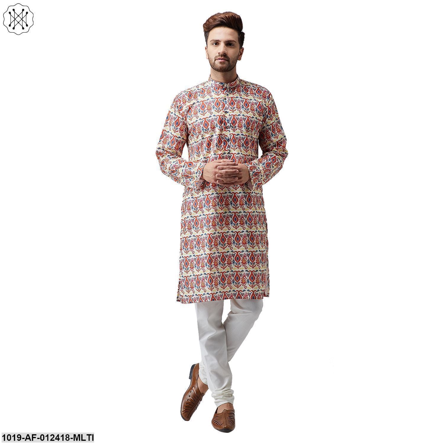 Men's Cotton Linen Multi Kurta And Off White Pyjama Set