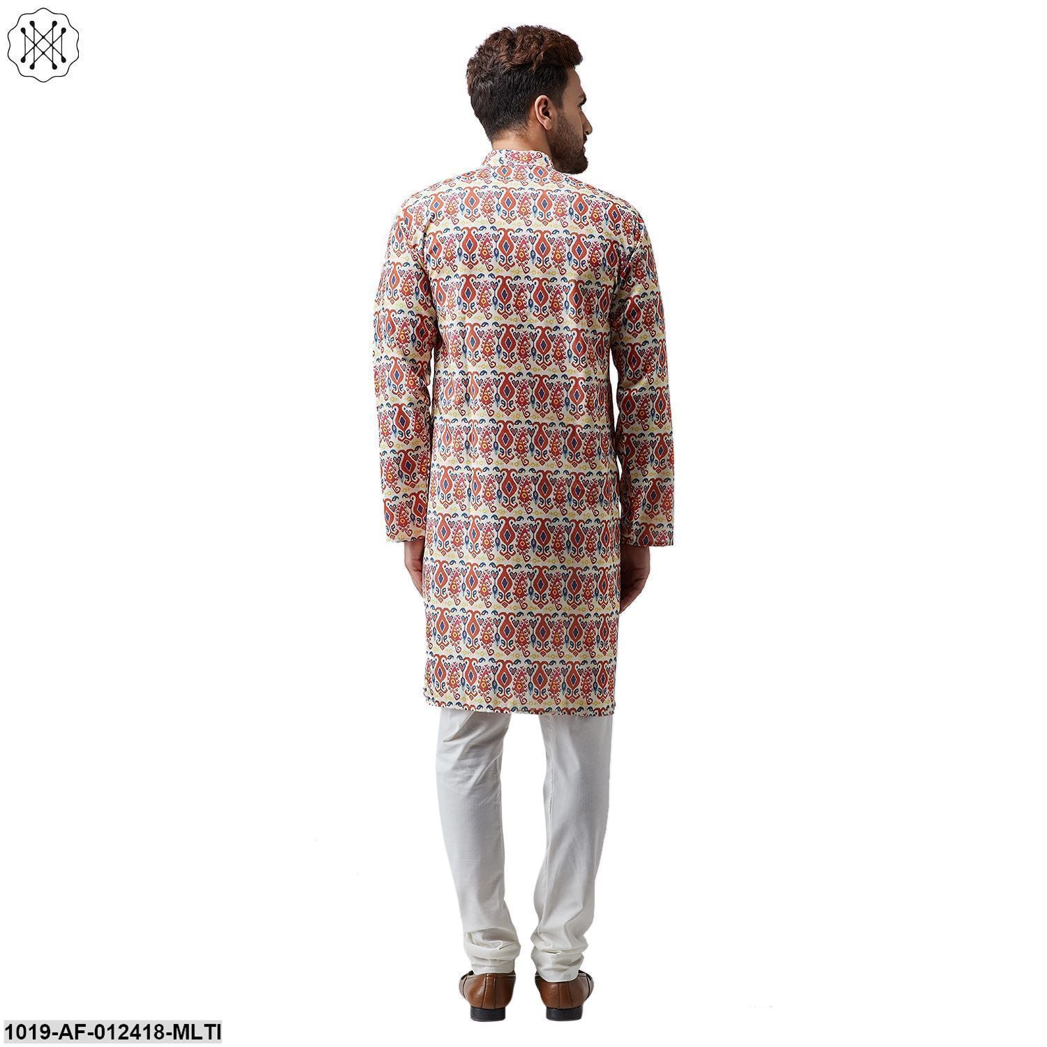Men's Cotton Linen Multi Kurta And Off White Pyjama Set