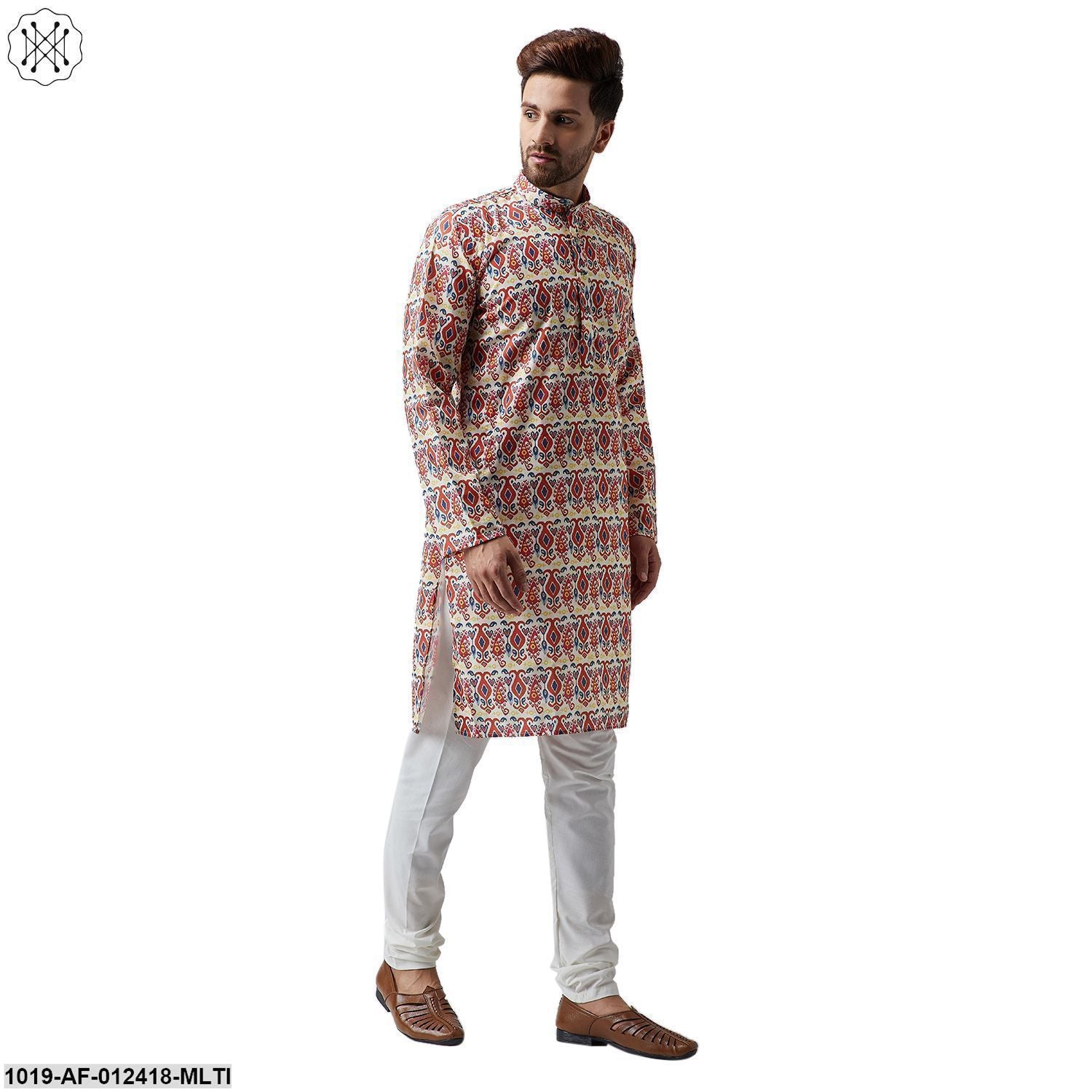 Men's Cotton Linen Multi Kurta And Off White Pyjama Set