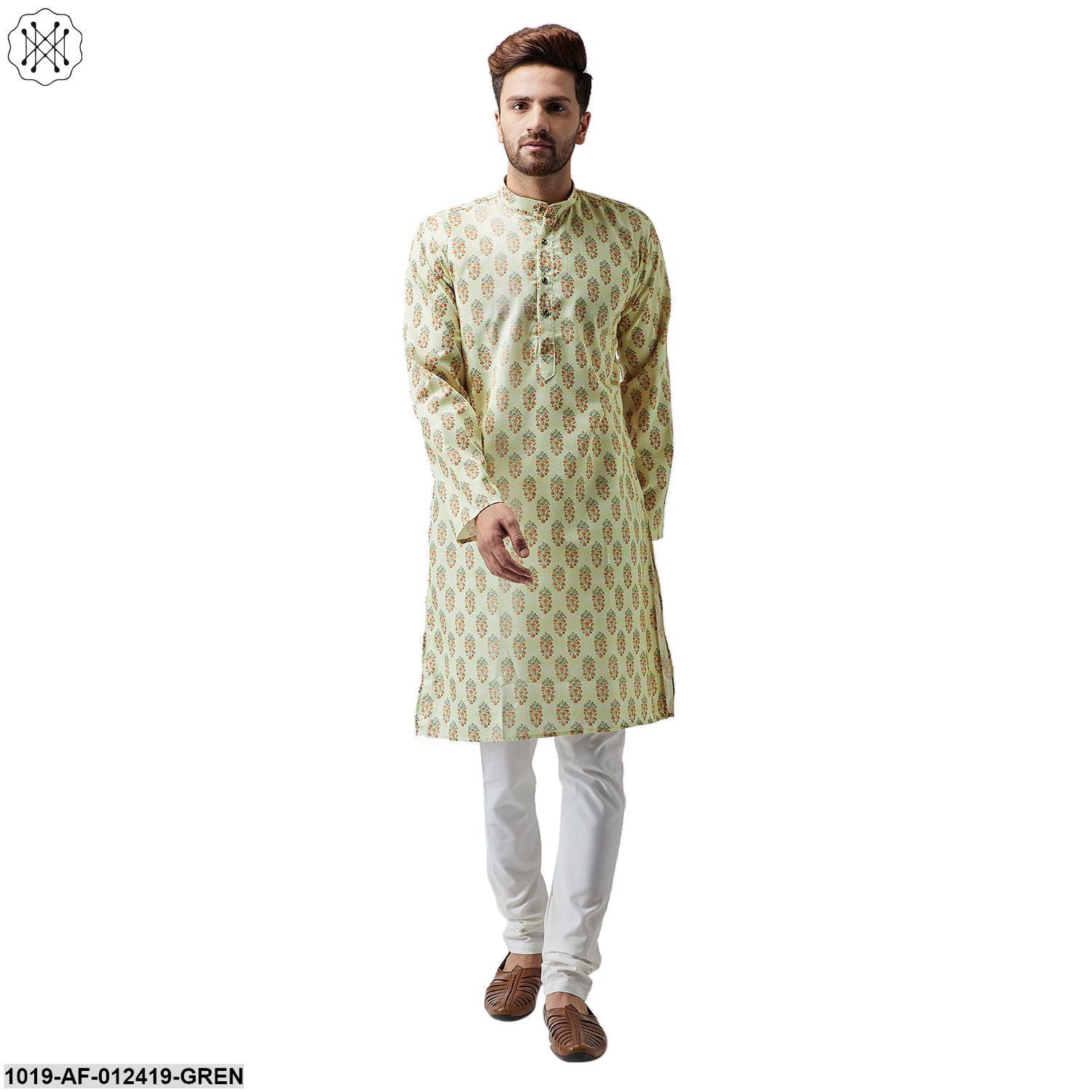 Men's Cotton Linen Lime Green Kurta And Off White Pyjama Set