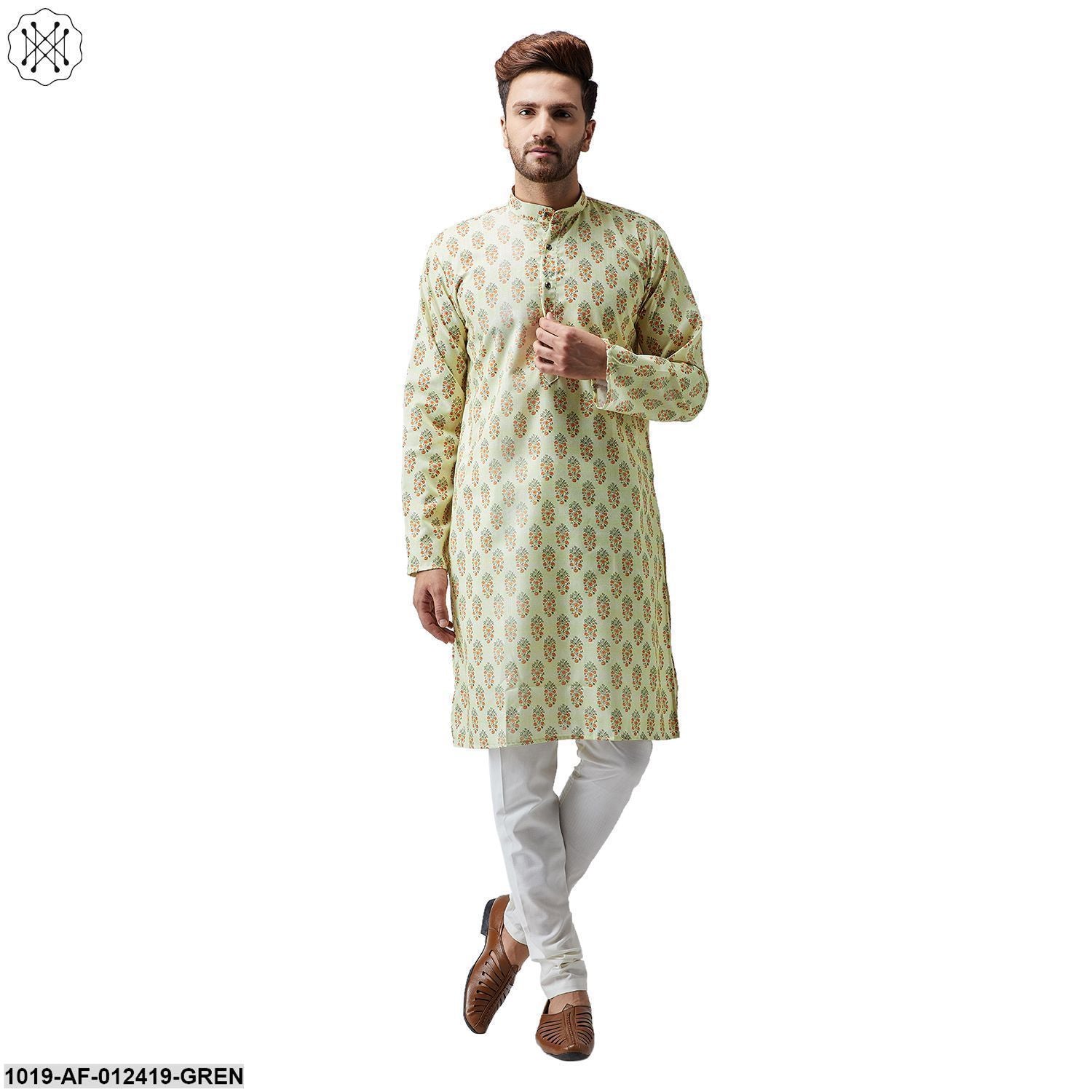 Men's Cotton Linen Lime Green Kurta And Off White Pyjama Set