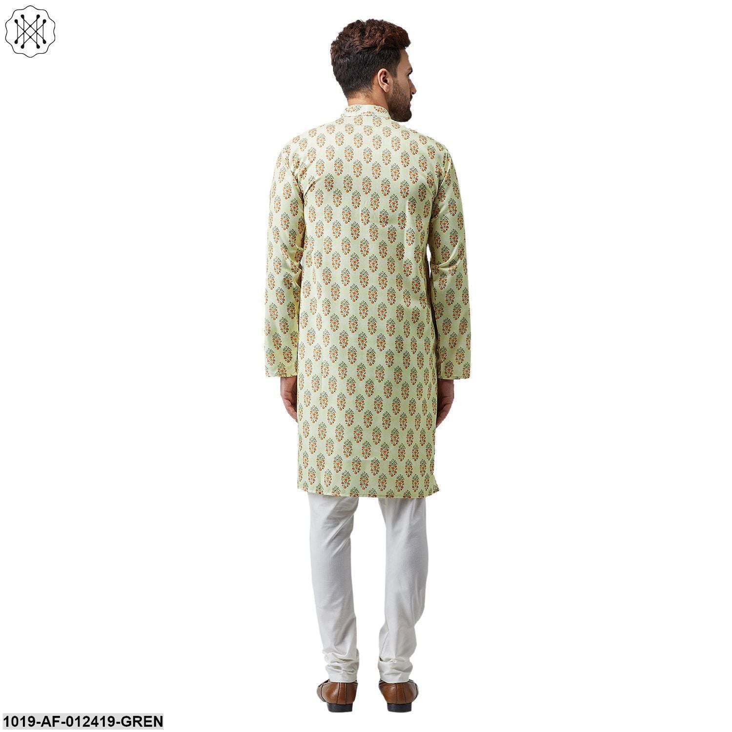 Men's Cotton Linen Lime Green Kurta And Off White Pyjama Set
