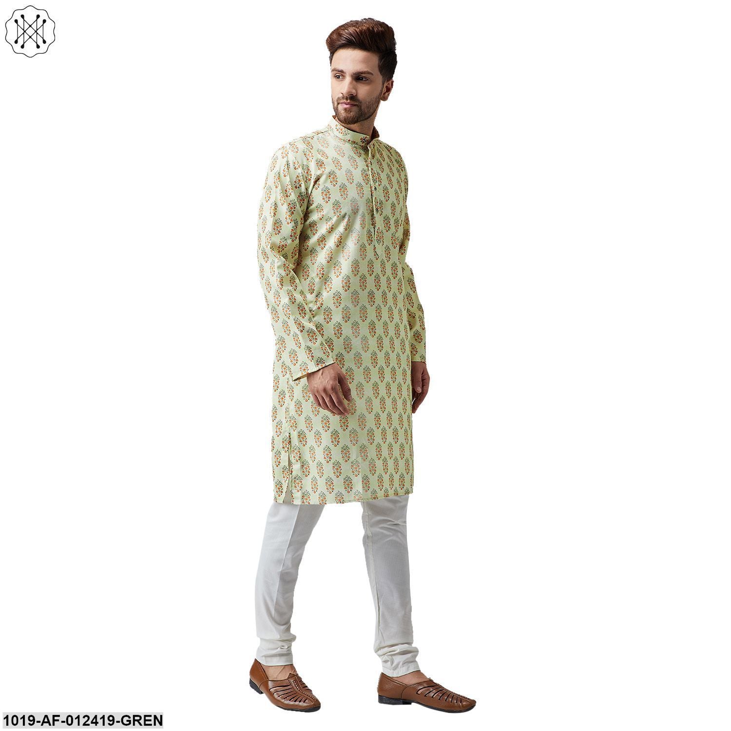 Men's Cotton Linen Lime Green Kurta And Off White Pyjama Set