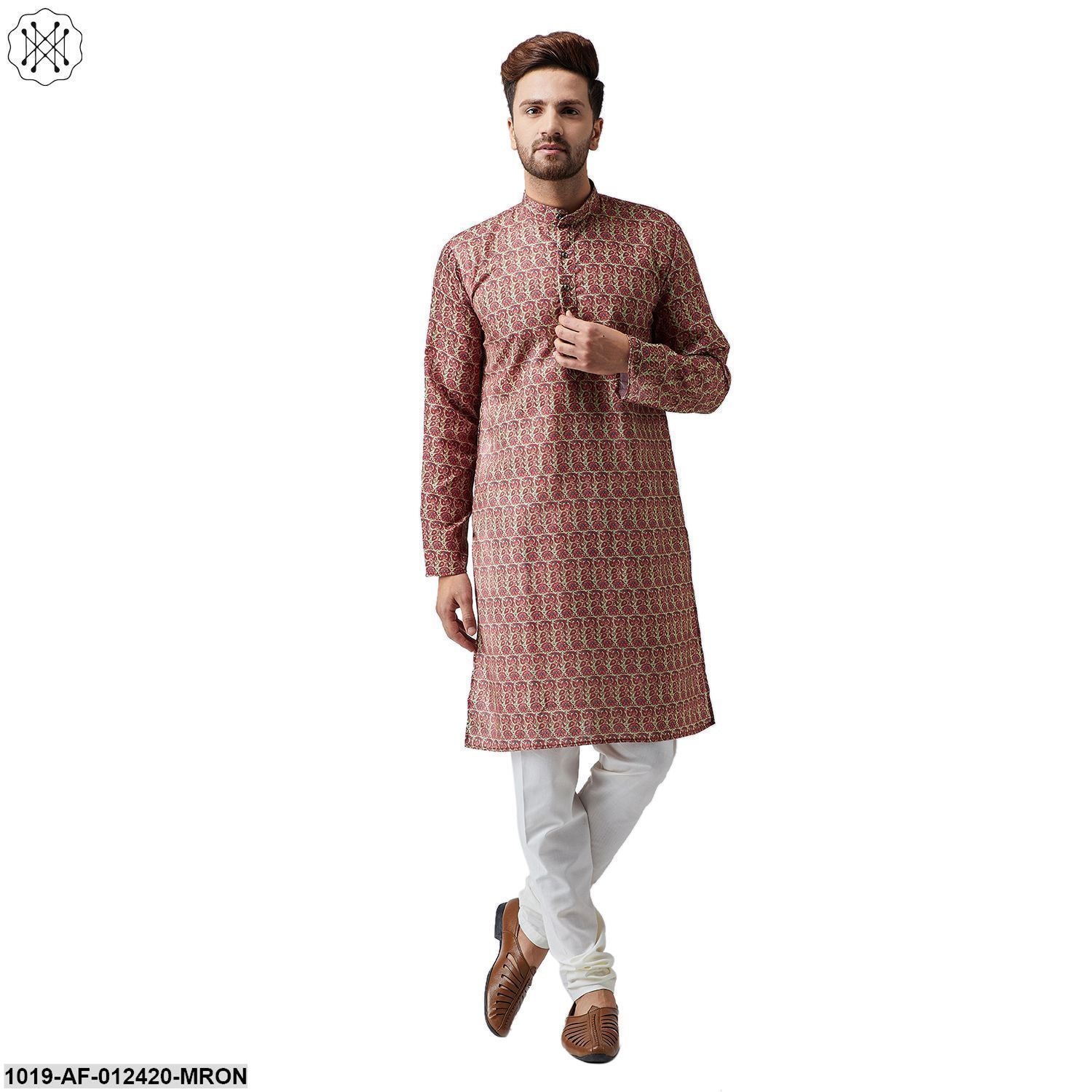 Men's Cotton Linen Maroon Kurta And Off White Pyjama Set