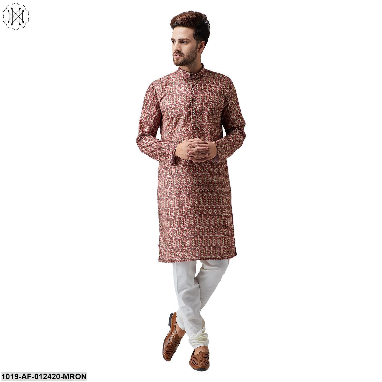 Men's Cotton Linen Maroon Kurta And Off White Pyjama Set