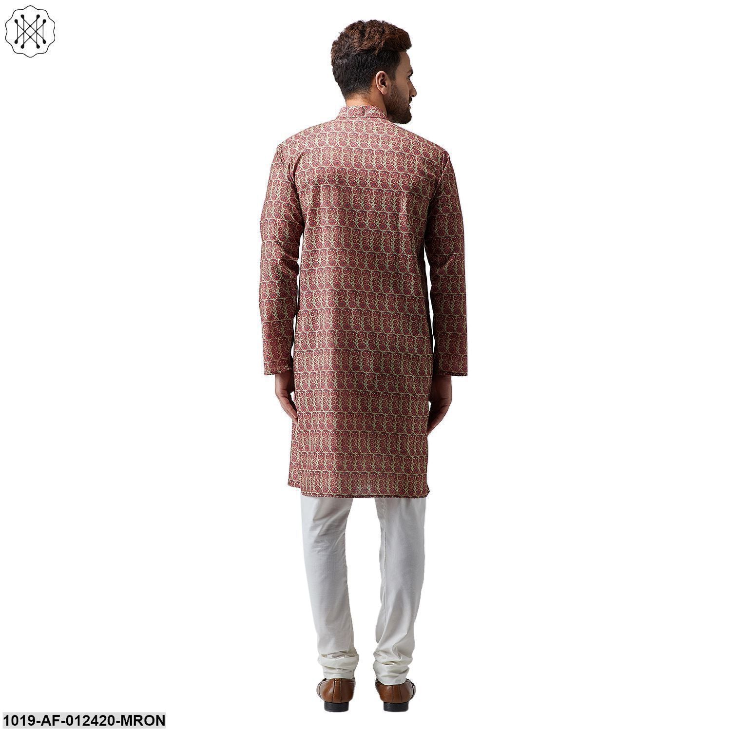 Men's Cotton Linen Maroon Kurta And Off White Pyjama Set