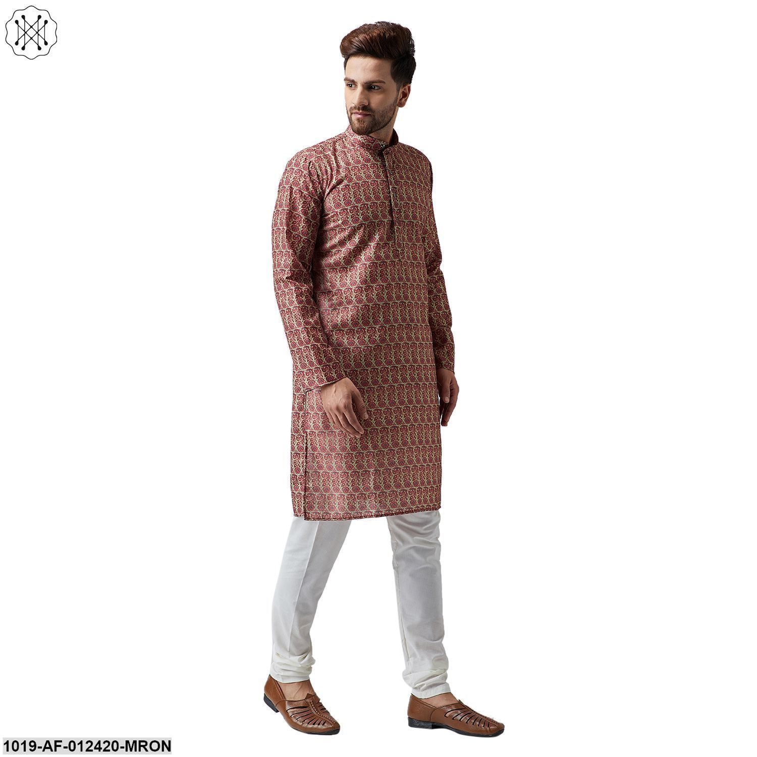 Men's Cotton Linen Maroon Kurta And Off White Pyjama Set