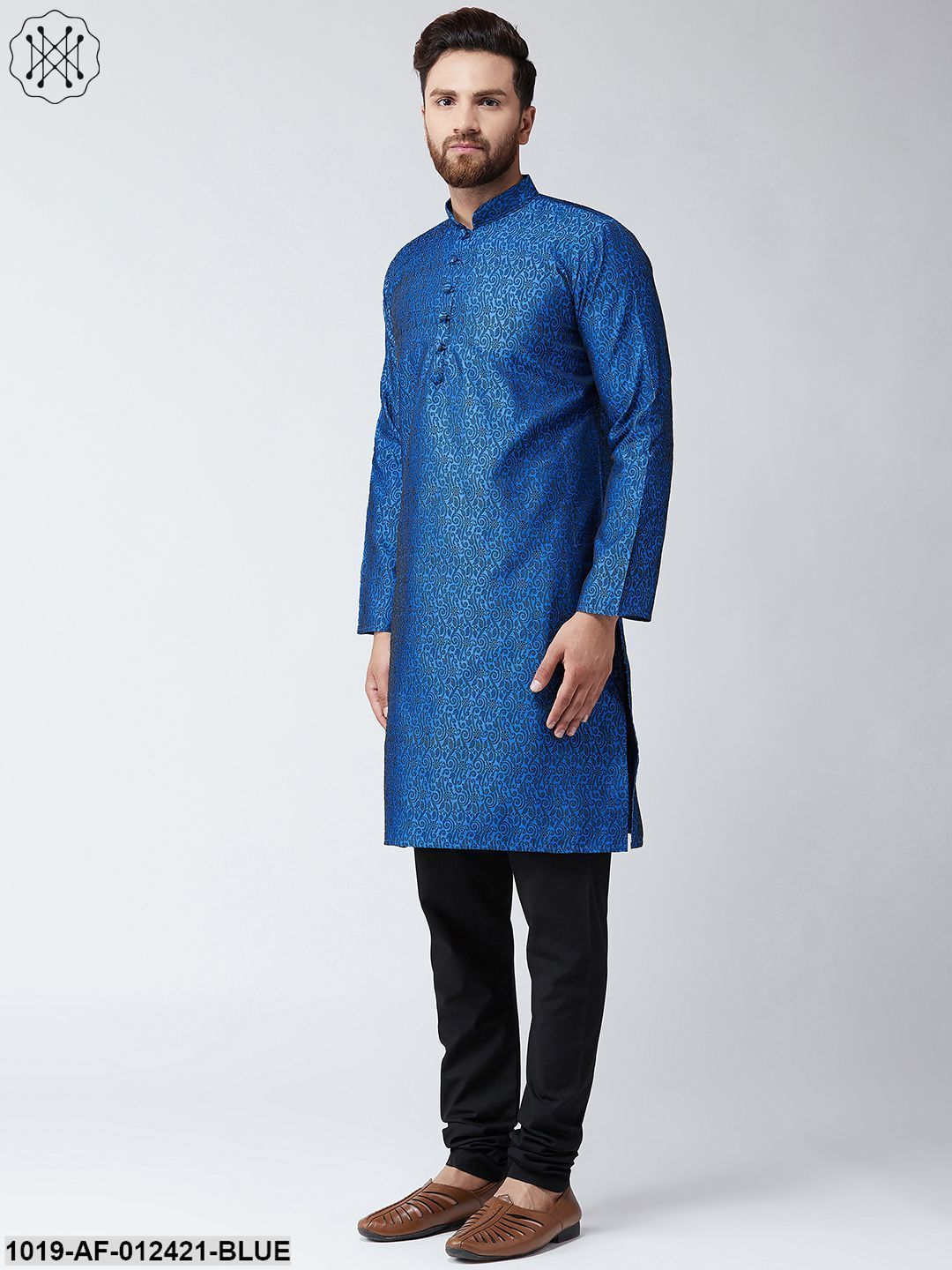 Men's Silk Blue Kurta And Black Pyjama Set - Sojanya