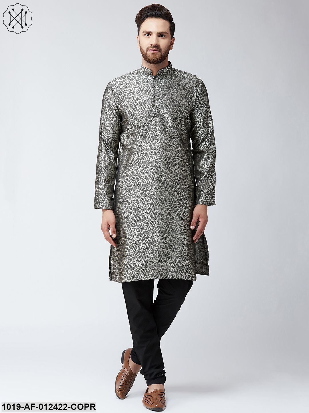Men's Silk Copper Kurta And Black Pyjama Set