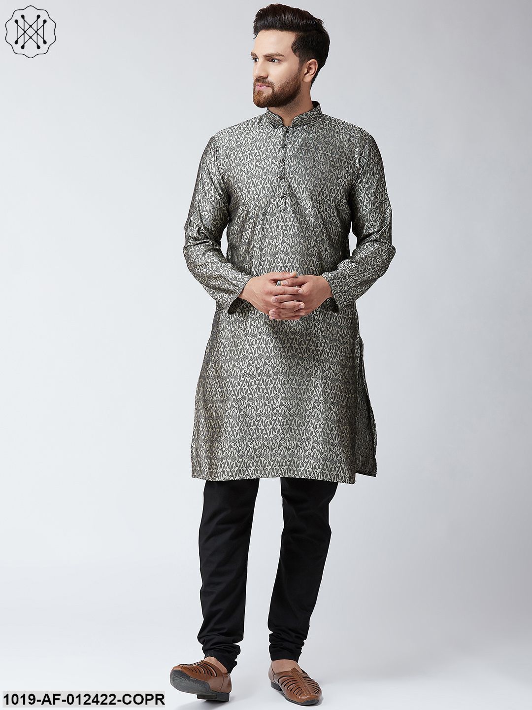 Men's Silk Copper Kurta And Black Pyjama Set