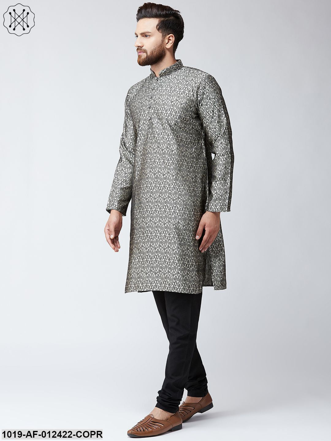 Men's Silk Copper Kurta And Black Pyjama Set