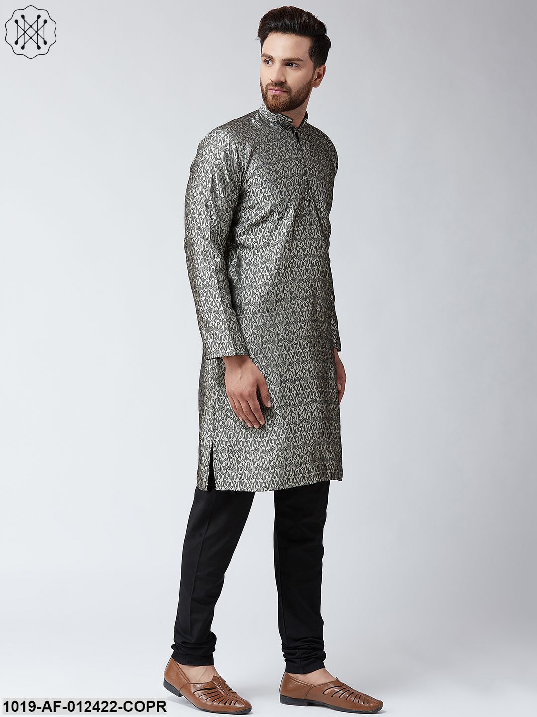 Men's Silk Copper Kurta And Black Pyjama Set