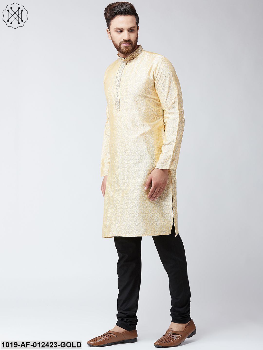 Men's Silk Gold Kurta And Black Pyjama Set - Sojanya