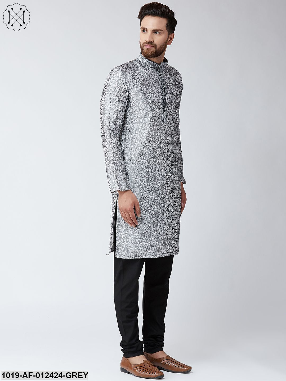 Men's Silk Grey Kurta And Black Pyjama Set - Sojanya