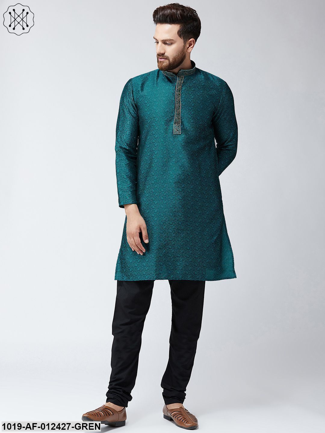 Men's Silk Teal Green Kurta And Black Pyjama Set - Sojanya