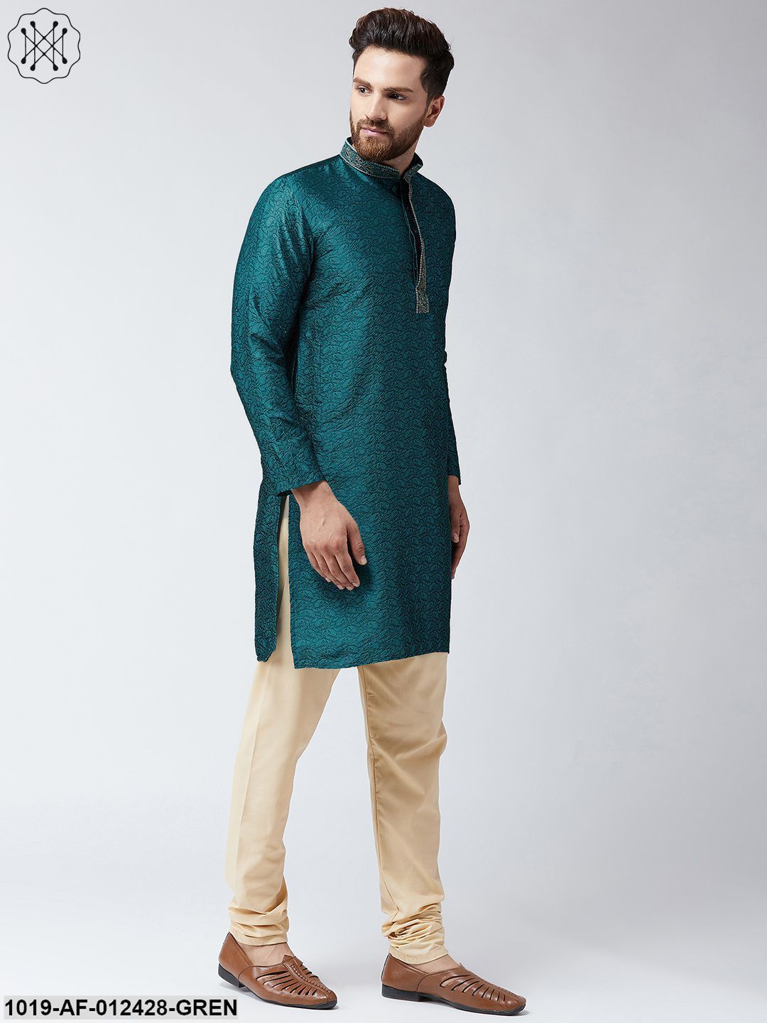 Men's Silk Teal Green Kurta And Beige Pyjama Set - Sojanya