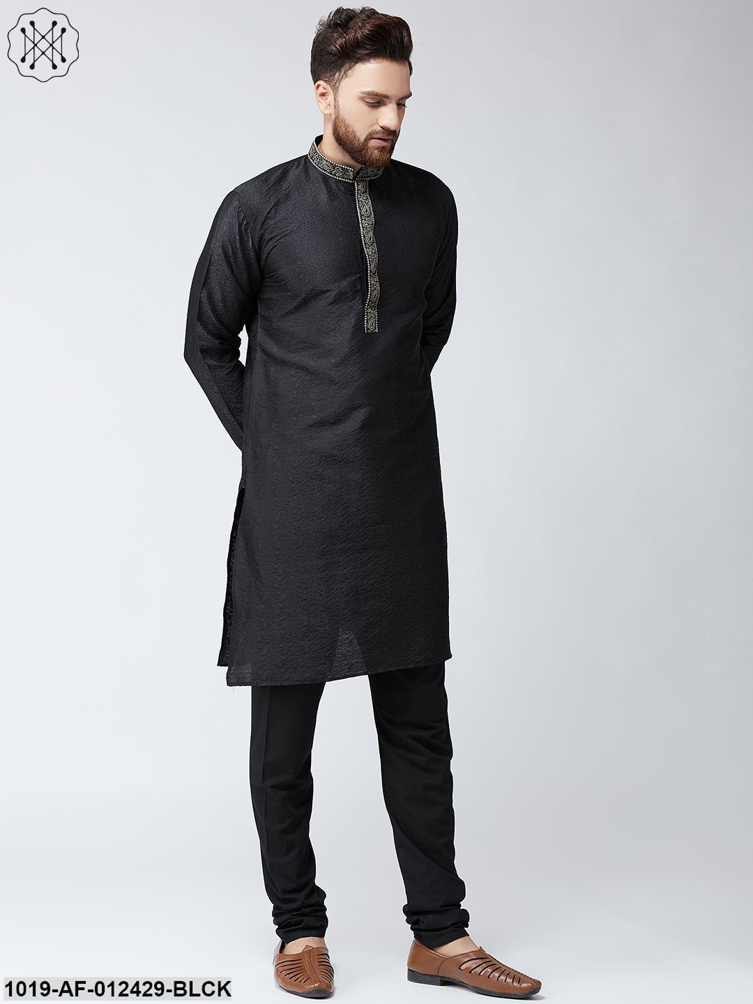 Men's Silk Black Kurta And Black Pyjama Set - Sojanya