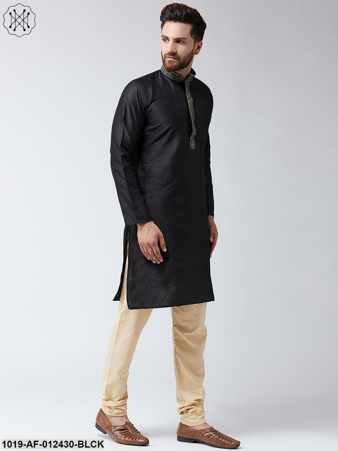 Men's Silk Black Kurta And Beige Pyjama Set - Sojanya