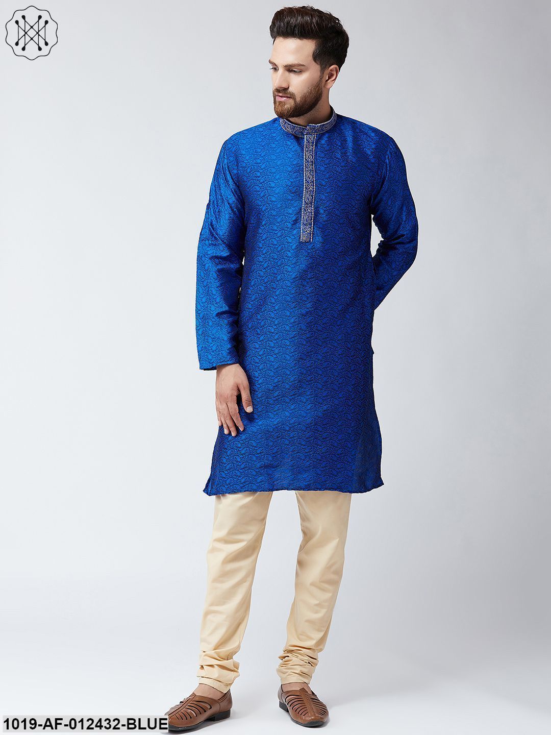 Men's Silk Blue Kurta And Beige Pyjama Set - Sojanya