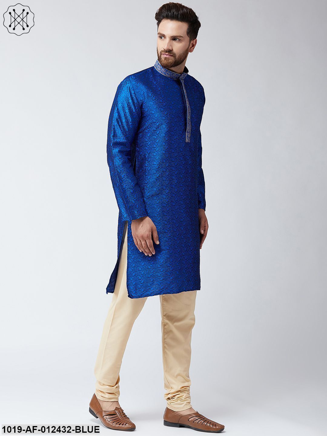 Men's Silk Blue Kurta And Beige Pyjama Set - Sojanya