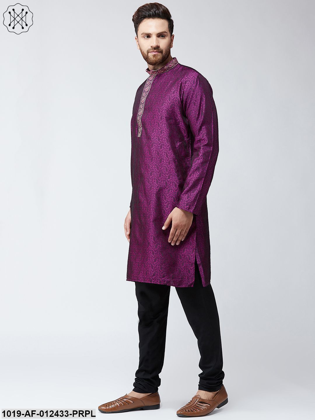 Men's Silk Purple Kurta And Black Pyjama Set - Sojanya
