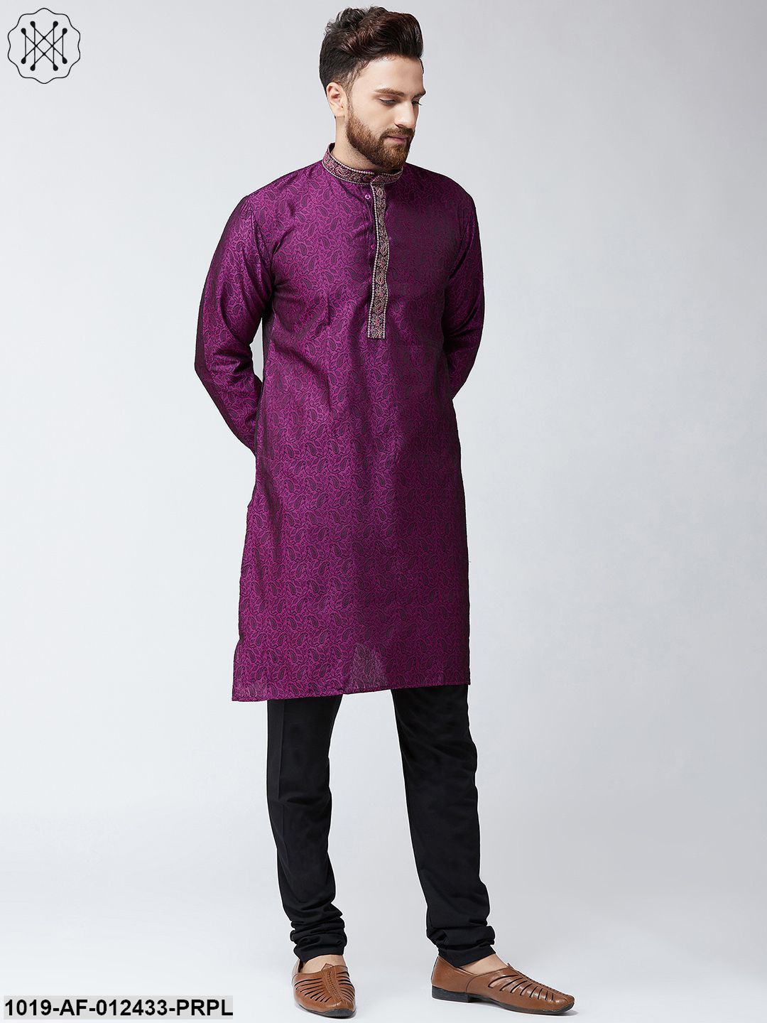 Men's Silk Purple Kurta And Black Pyjama Set - Sojanya