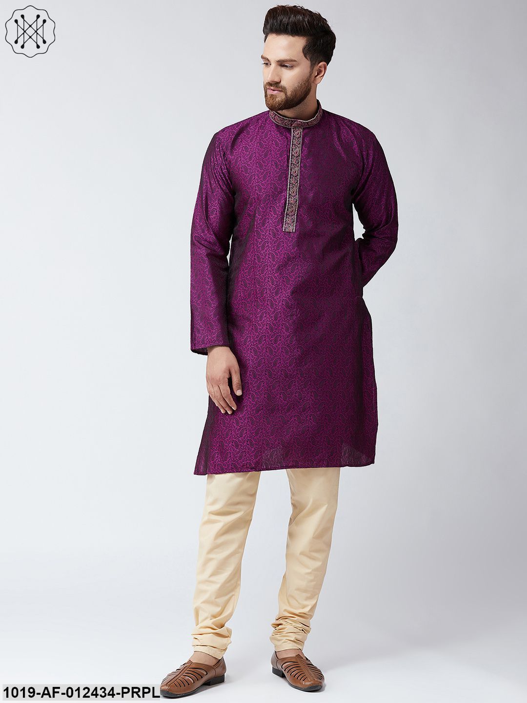 Men's Silk Purple Kurta And Beige Pyjama Set - Sojanya